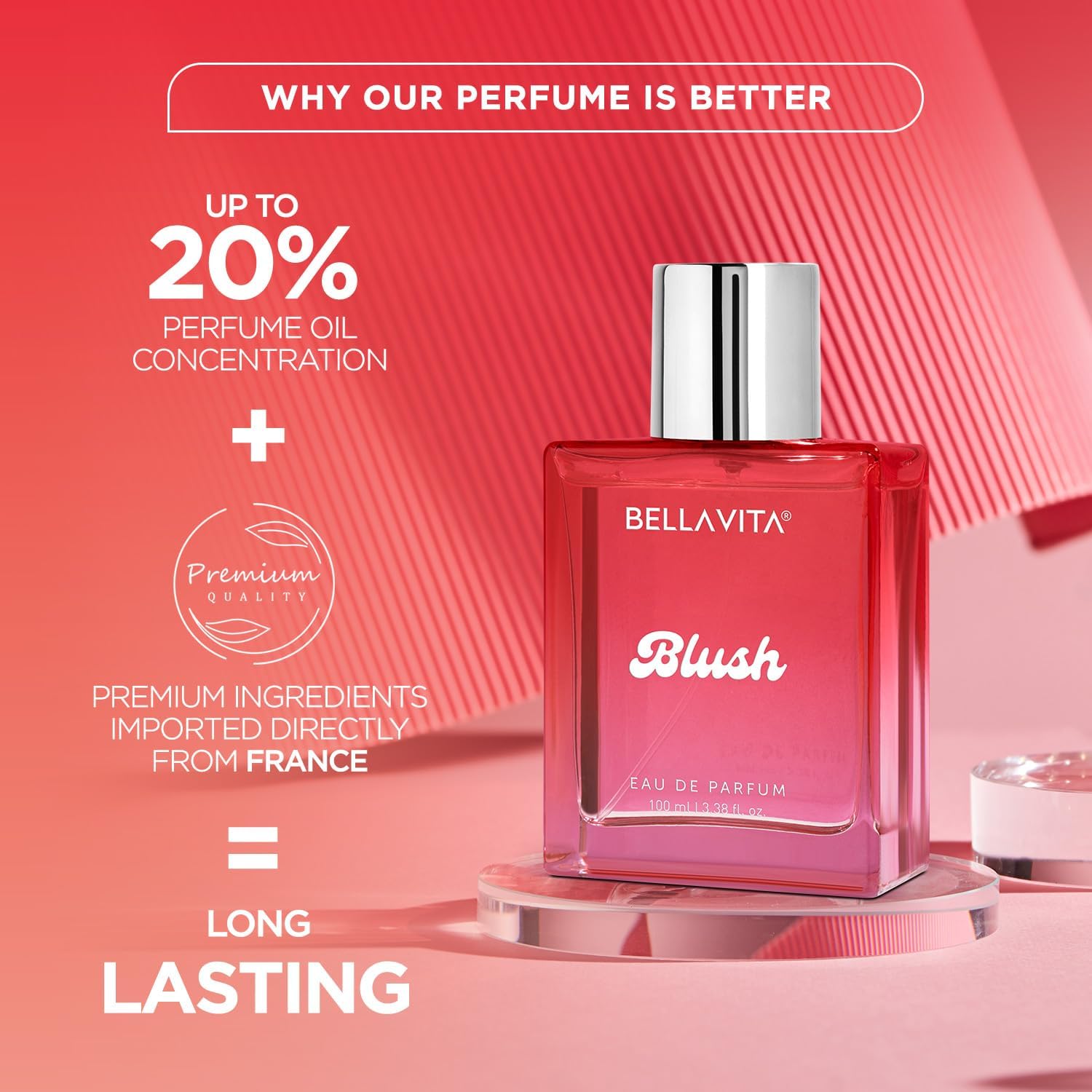 Bellavita Premium Blush Eau De Perfume by Wukusy, 100ml bottle with elegant pink packaging and floral accents.