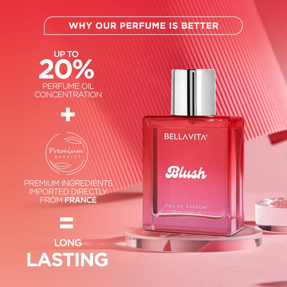 Bellavita Premium Blush Eau De Perfume by Wukusy, 100ml bottle with elegant pink packaging and floral accents.