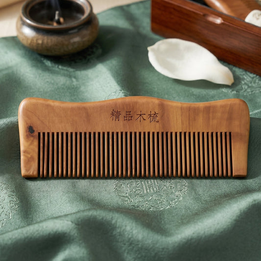 Natural wooden hair comb with fine teeth from Wukusy, anti-static design for men and women, displayed on a plain background.