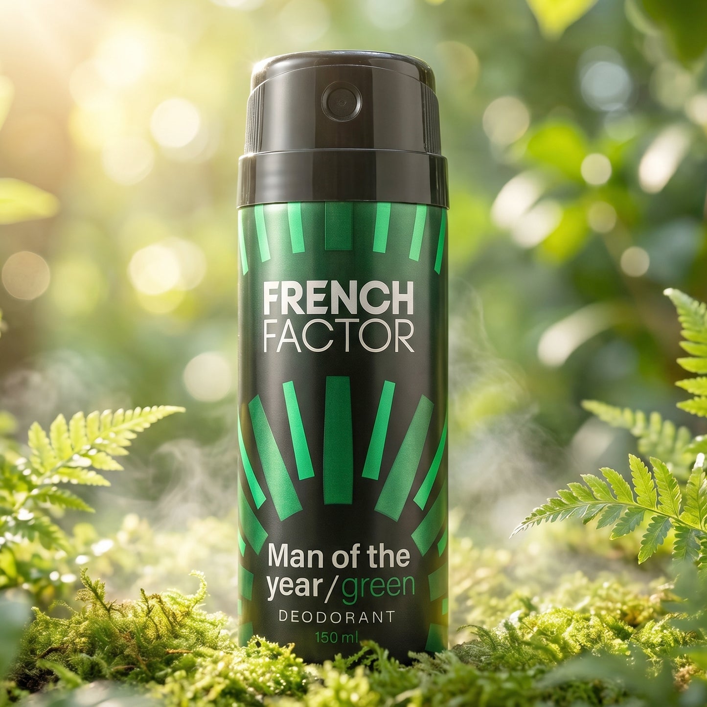 Wukusy French Factor Man Of The Year green body spray bottle, 150ml, with sleek packaging and spray nozzle.
