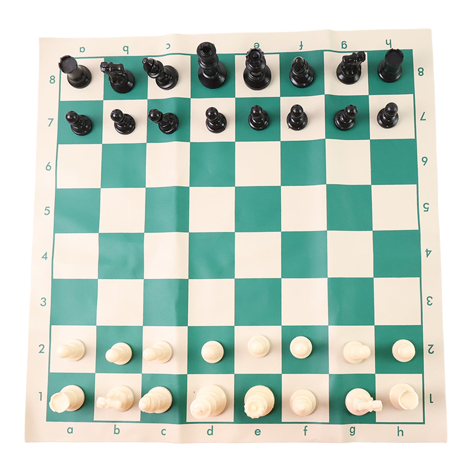 Wukusy Big Premium portable plastic chess set with black and white chess pieces on a checkered board for travel and play.