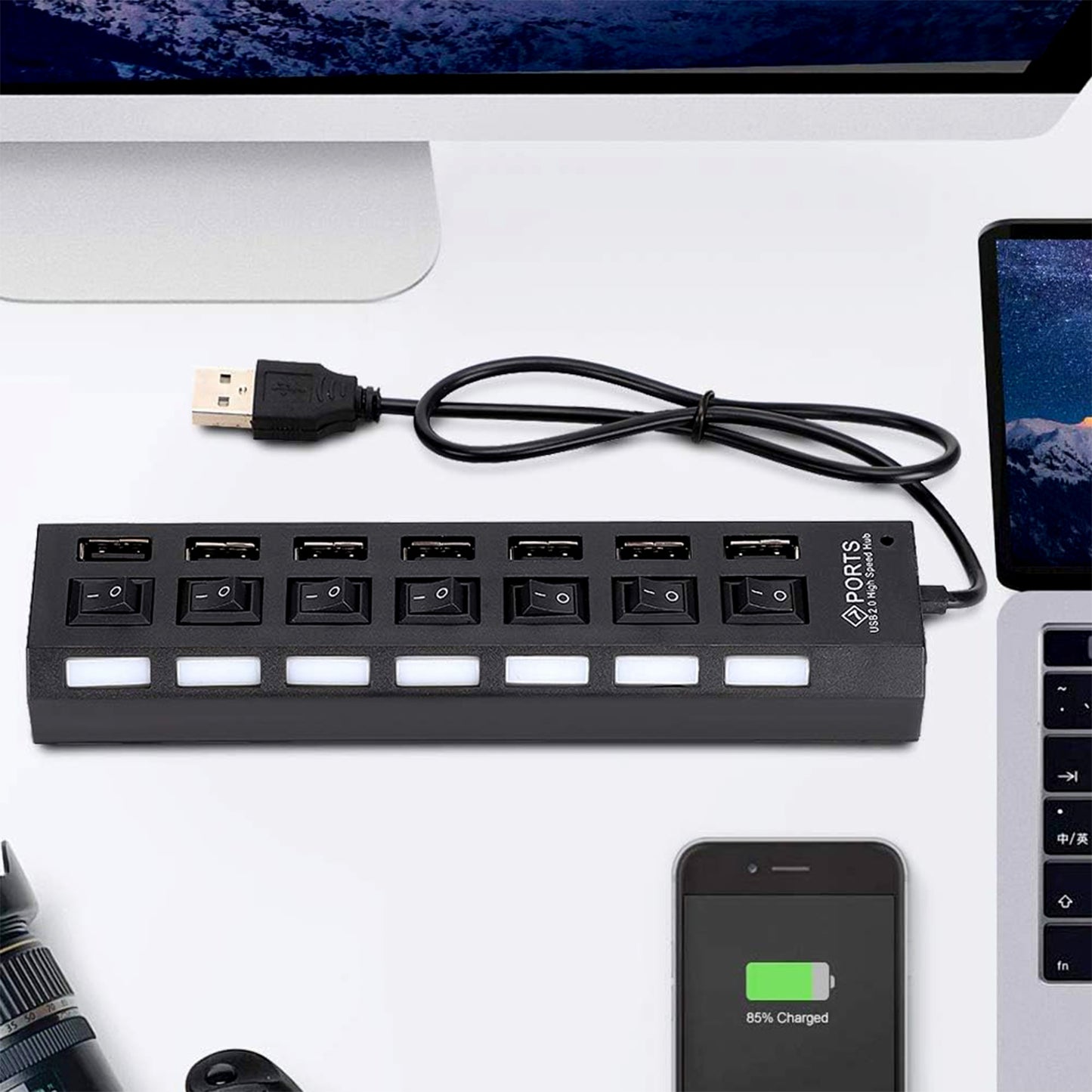 Wukusy 7-port USB 2.0 hub with independent on/off switches, LED indicators, connects to PC, laptop, keyboard, mobile, HDD, camera
