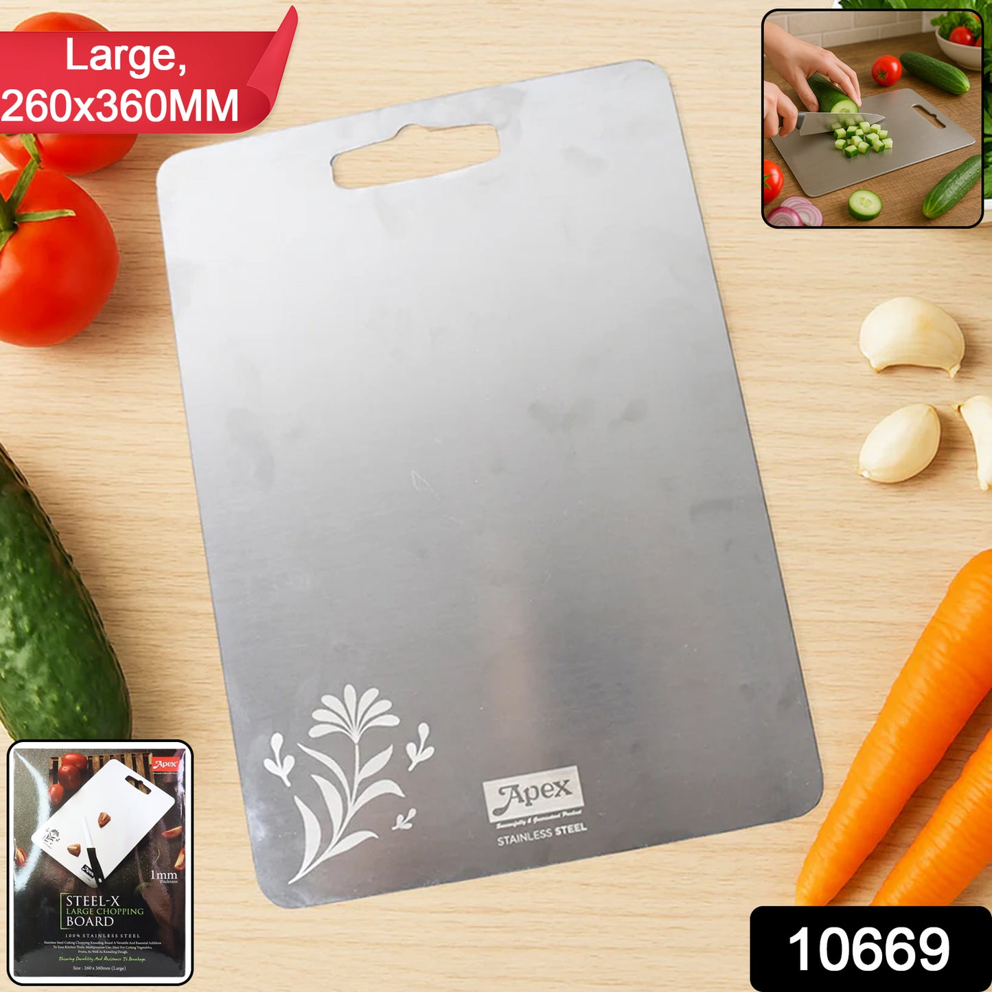 Wukusy Apex large stainless steel chopping and cutting board, 260x360mm, designed for versatile kitchen use with a sturdy surface.