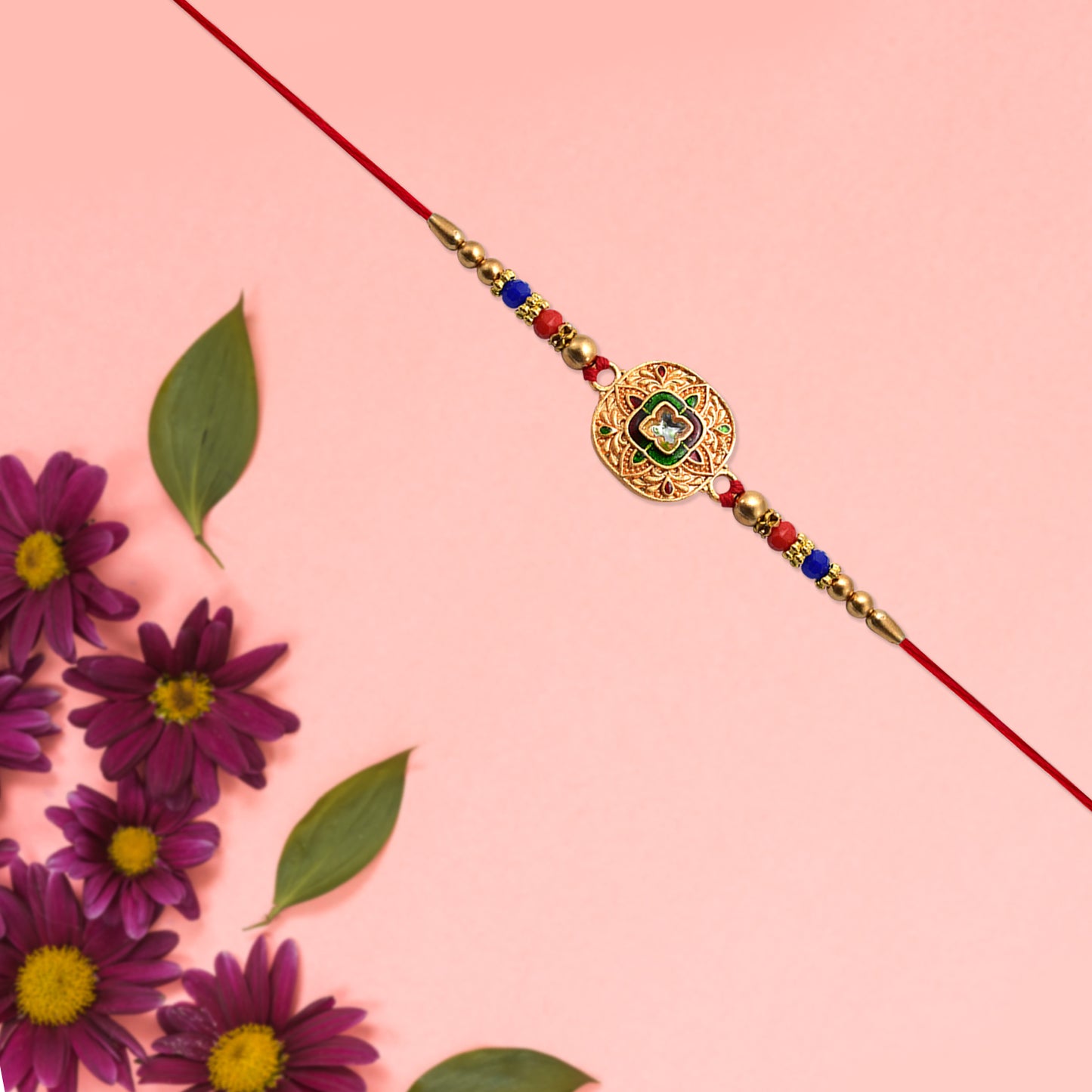 Traditional Kundan Rakhi with antique gold finish and multicolor beads, featuring intricate craftsmanship by Wukusy.