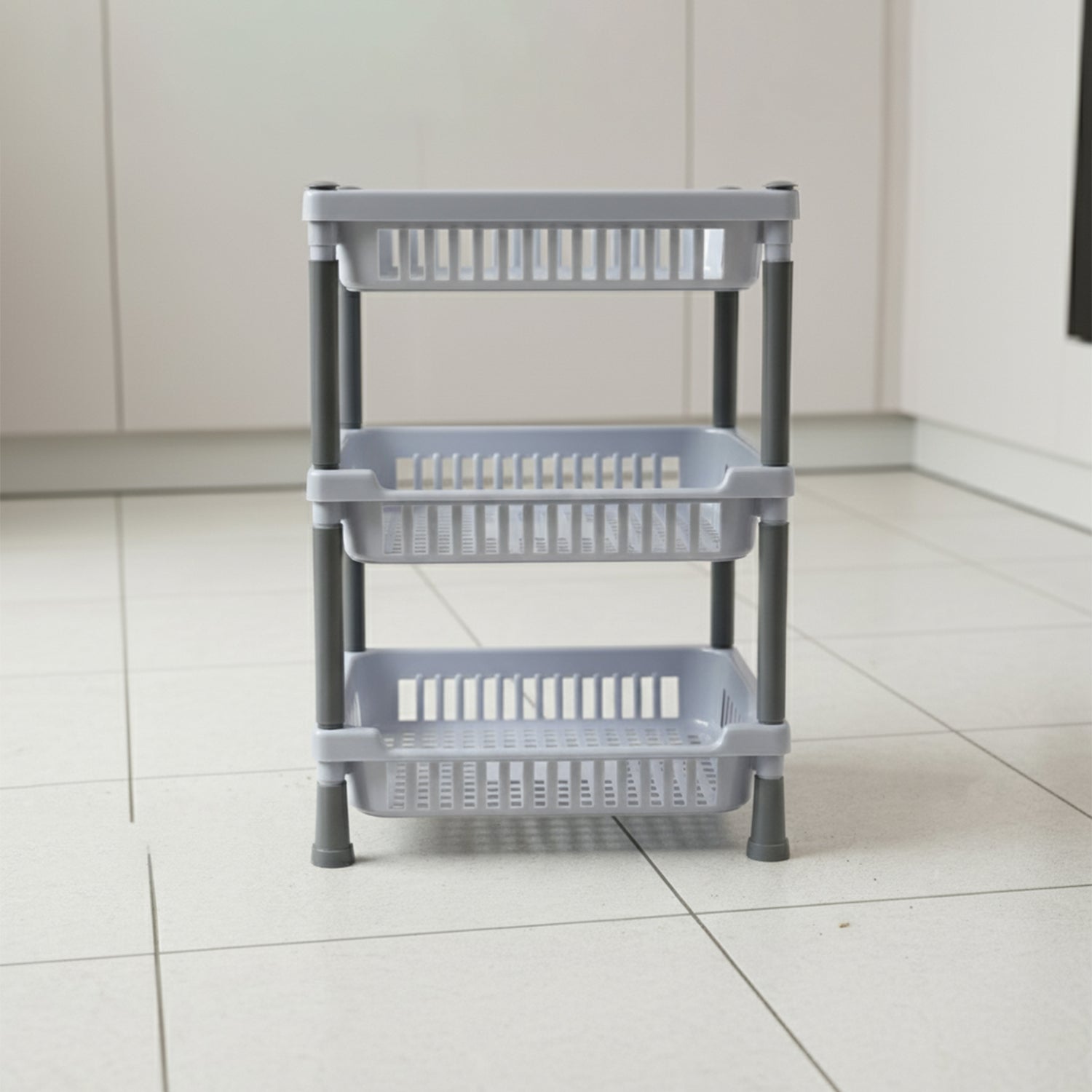 Wukusy 3-layer multipurpose kitchen storage basket rack with metal wire shelves and handles for organized countertop or pantry storage.