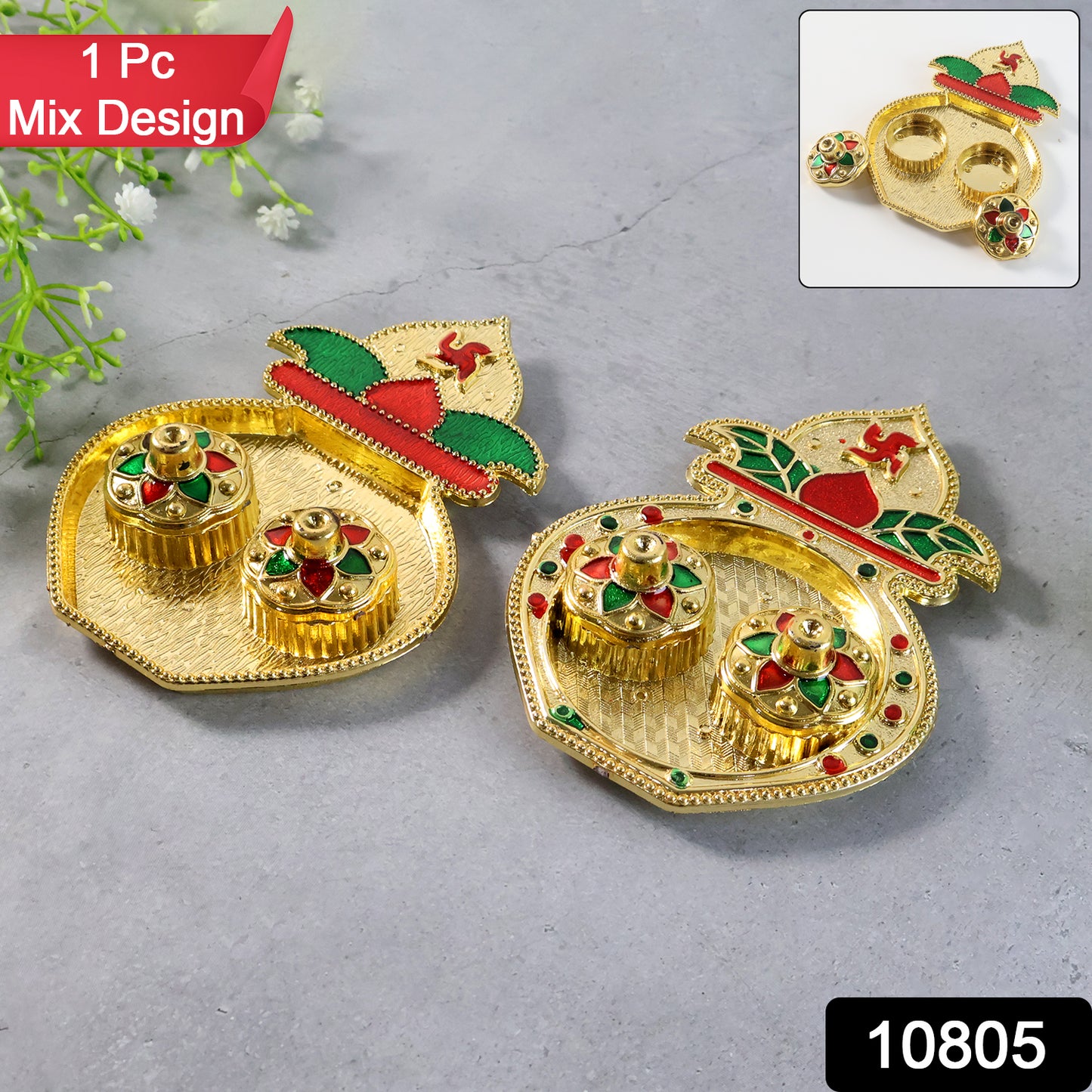 Decorative plastic Kalash-shaped double Kumkum box in mix design, ideal for home and kitchen use, by Wukusy.