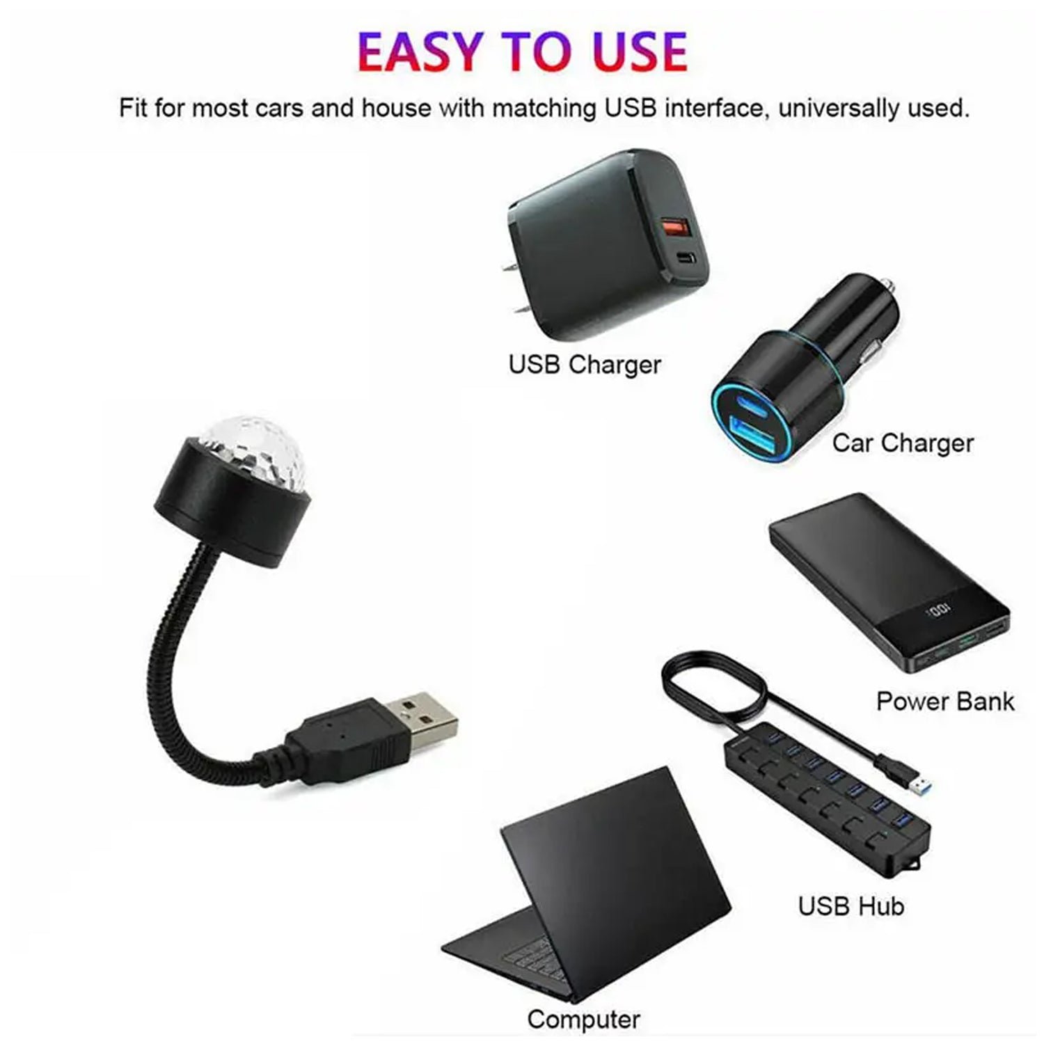 Wukusy USB star night light projector and mini disco ball light for car ceiling, bedroom, or party atmosphere with adjustable strobe effects.