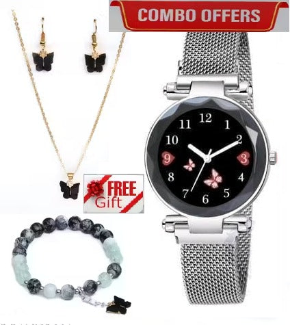Women’s butterfly design silver analog watch with bracelet, necklace, and earrings gift set from Drpshippr’s Women’s Collection.