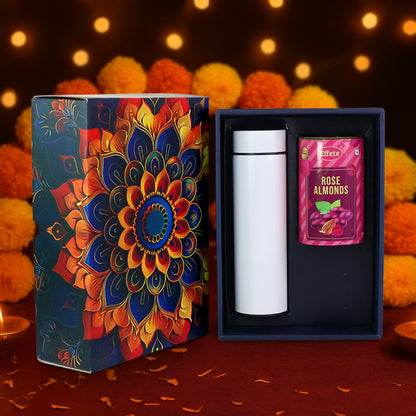 Wukusy Effete Rose Almonds Gift Hamper with golden packaging and a bottle, featuring two elegant home and kitchen gift items.