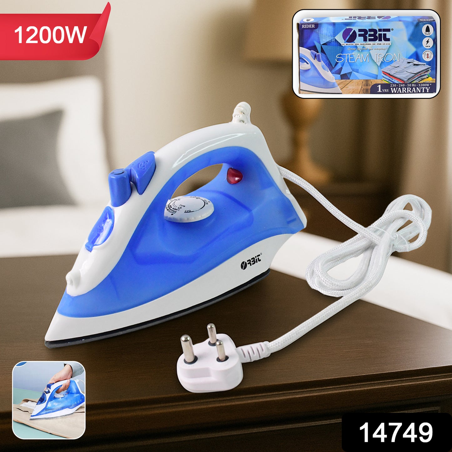 Wukusy Orbit high-performance 1200W steam iron with a sleek design, steam control, and temperature dial for effective ironing.