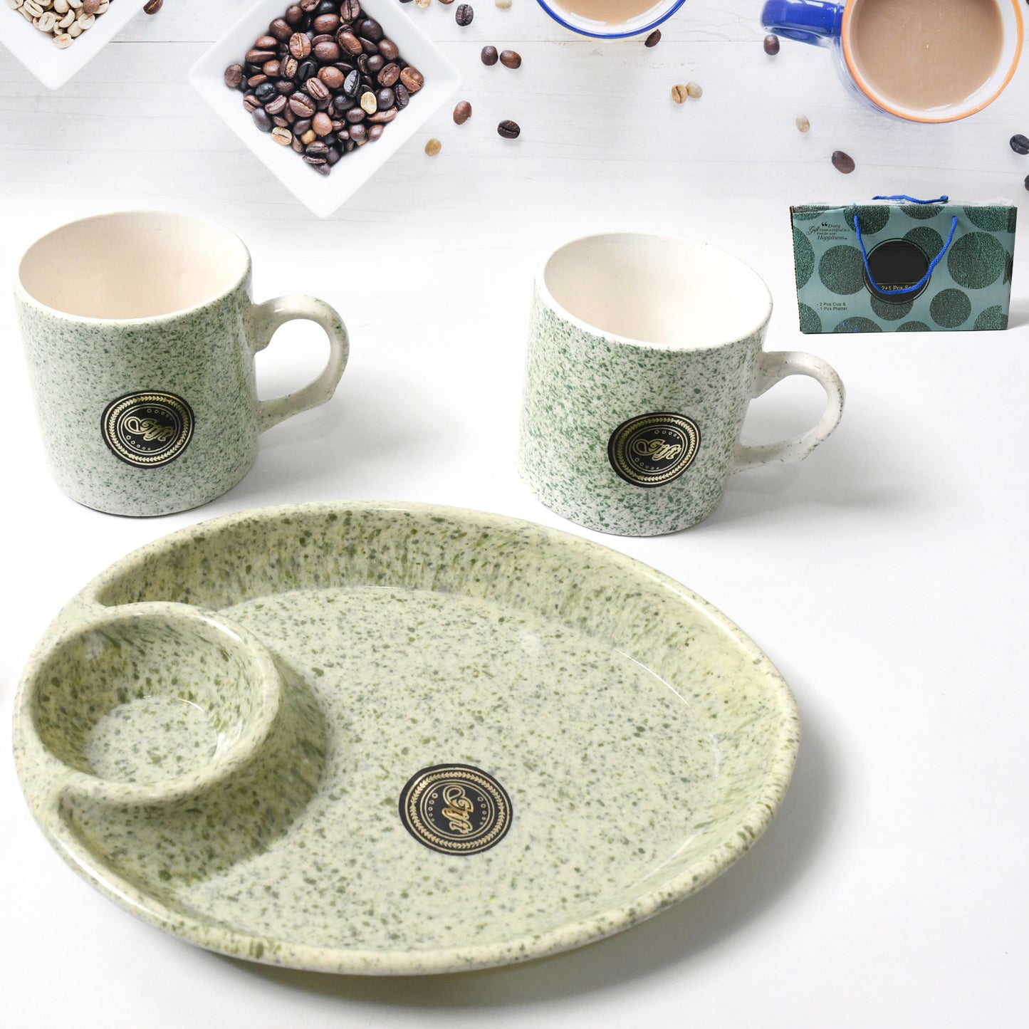 Wukusy 3-piece Alpino ceramic tea cups set with plastic serving platter, milk and coffee cups, BPA-free, food grade, ideal for home use.