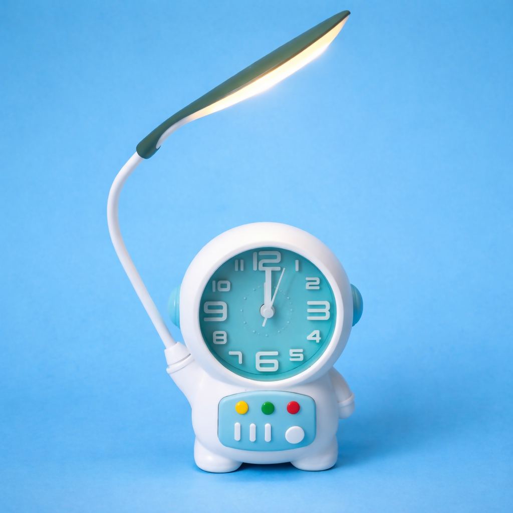 Wukusy astronaut table lamp with built-in clock on a kids' study desk or bedroom, featuring a playful space-themed design.