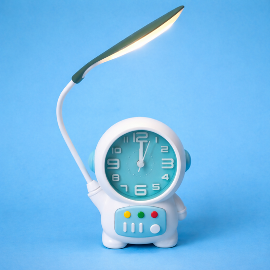 Wukusy astronaut table lamp with built-in clock on a kids' study desk or bedroom, featuring a playful space-themed design.