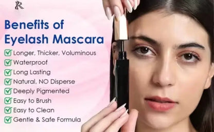 Ekom Volumizing Smudge-Proof Mascara in black, 12ml, with a brush applicator showing thick, lengthened lashes.