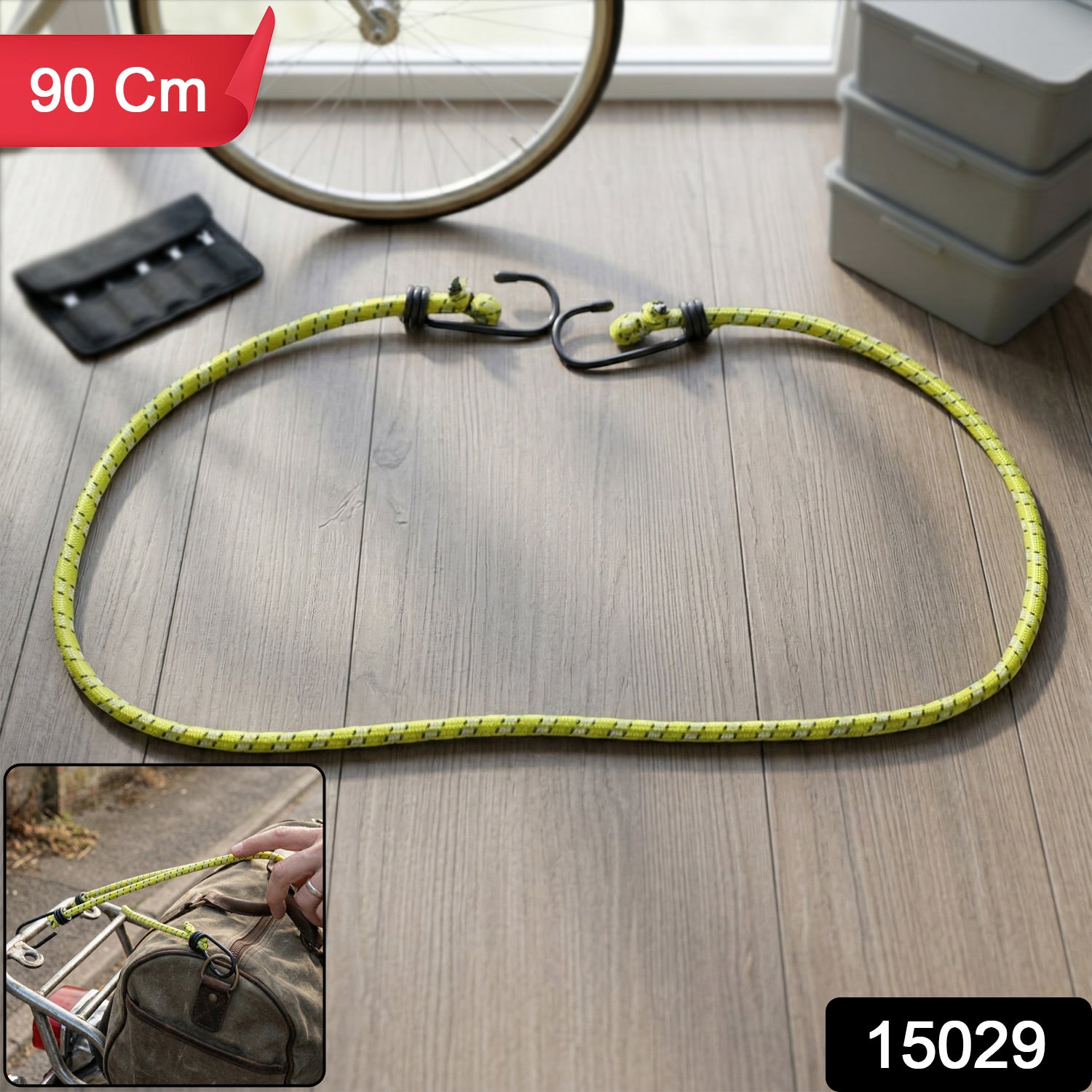 Wukusy heavy duty elastic luggage rope with hooks, 90 cm bungee cord for securing luggage and travel items.