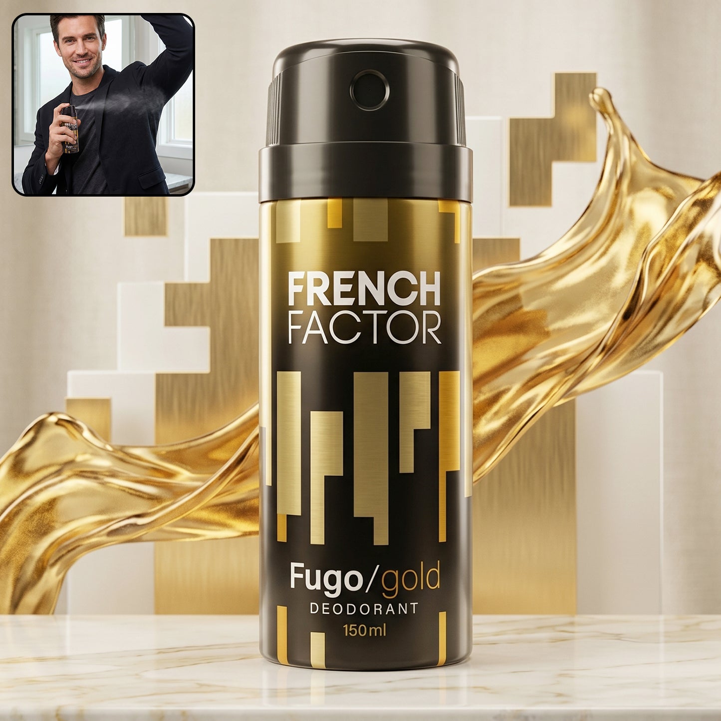 Wukusy French Factor Fugo Gold deodorant body spray bottle, 150 ml, with gold and black packaging, standing upright.