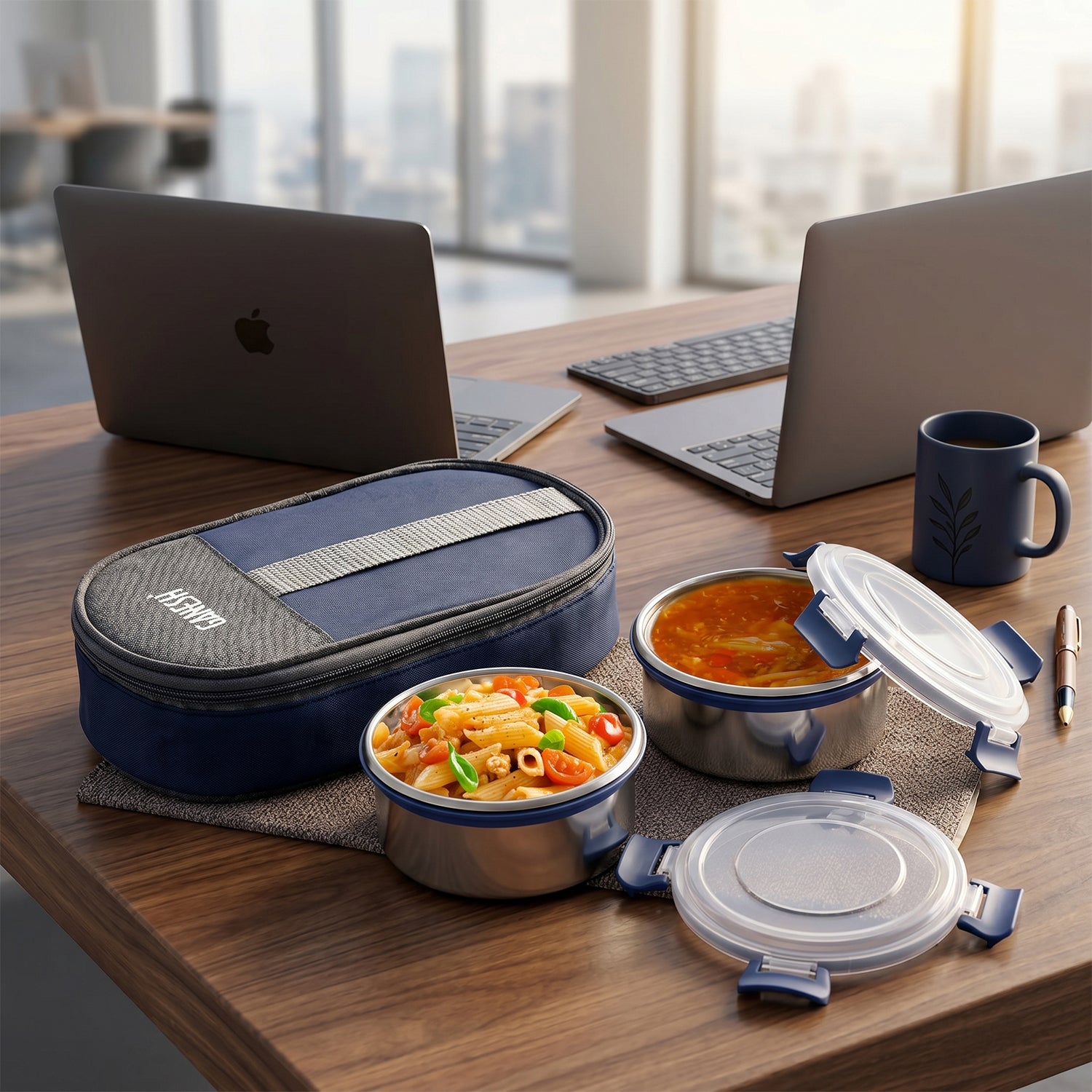 Wukusy Ganesh Neo Twin 400 Lunch Box Set with insulated carry bag, featuring two stainless steel containers and colorful design