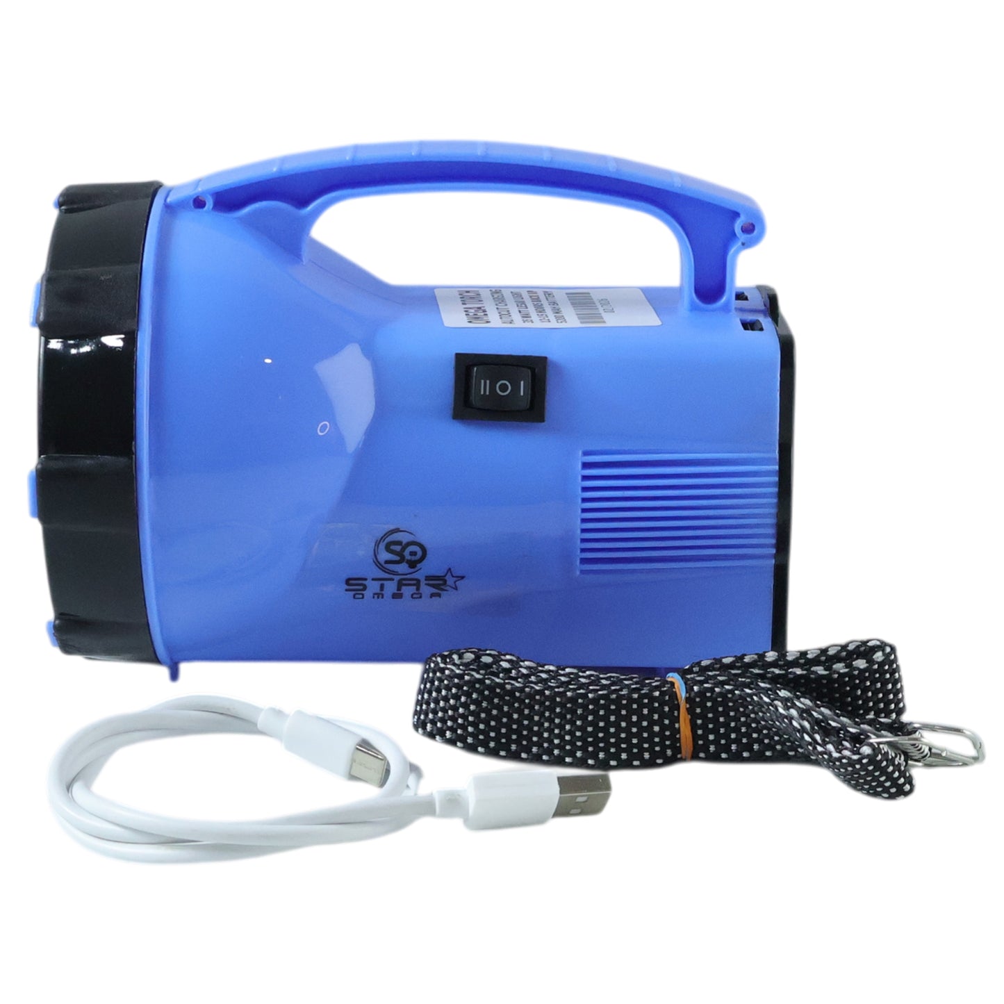 Wukusy Omega 35W rechargeable LED laser light with high-power beam, showing the sleek black device turned on with focused laser output.