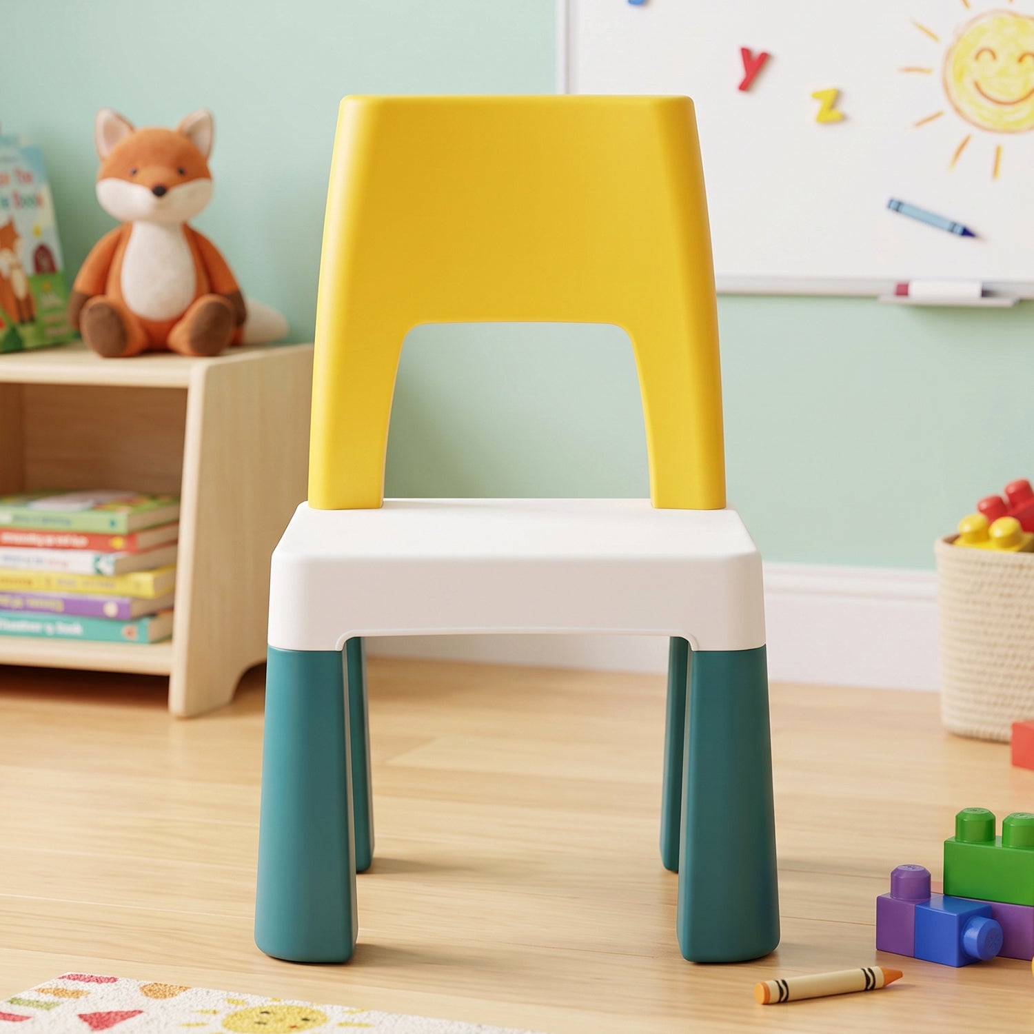 Wukusy kids building block activity table and chair set with storage bins, colorful table surface and sturdy wooden chairs for play.