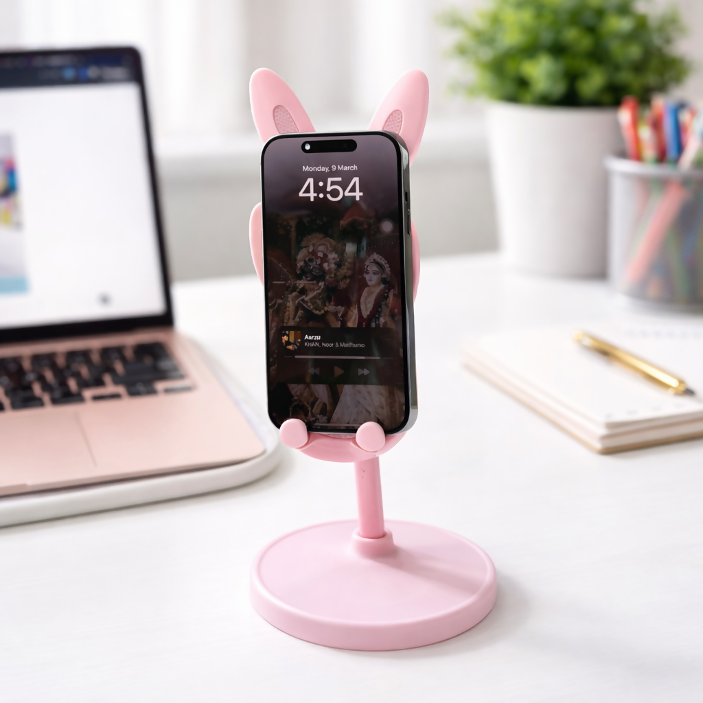 Wukusy cute bunny mobile stand holder for desk and kids' study table, with colorful bunny design and adjustable holding arms