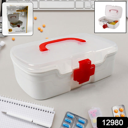 Wukusy 3-compartment medical box with transparent lid, handle, and detachable tray for first aid and medicine storage.