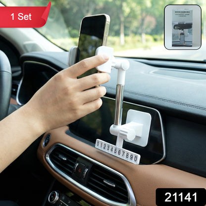 Wukusy adjustable car dashboard mobile phone holder mounted on vehicle dashboard, holding a smartphone securely.