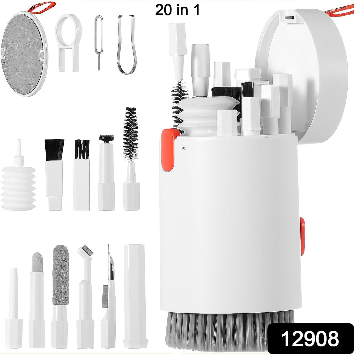 Wukusy 20-in-1 keyboard cleaner kit with electronic brush, spray, and tools for cleaning laptops, phones, AirPods, iPads, and cameras.