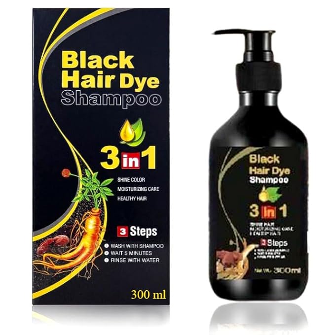 BLOSDREAM 3-in-1 black hair shampoo by Drpshippr, showing the shampoo bottle with black liquid and product label.