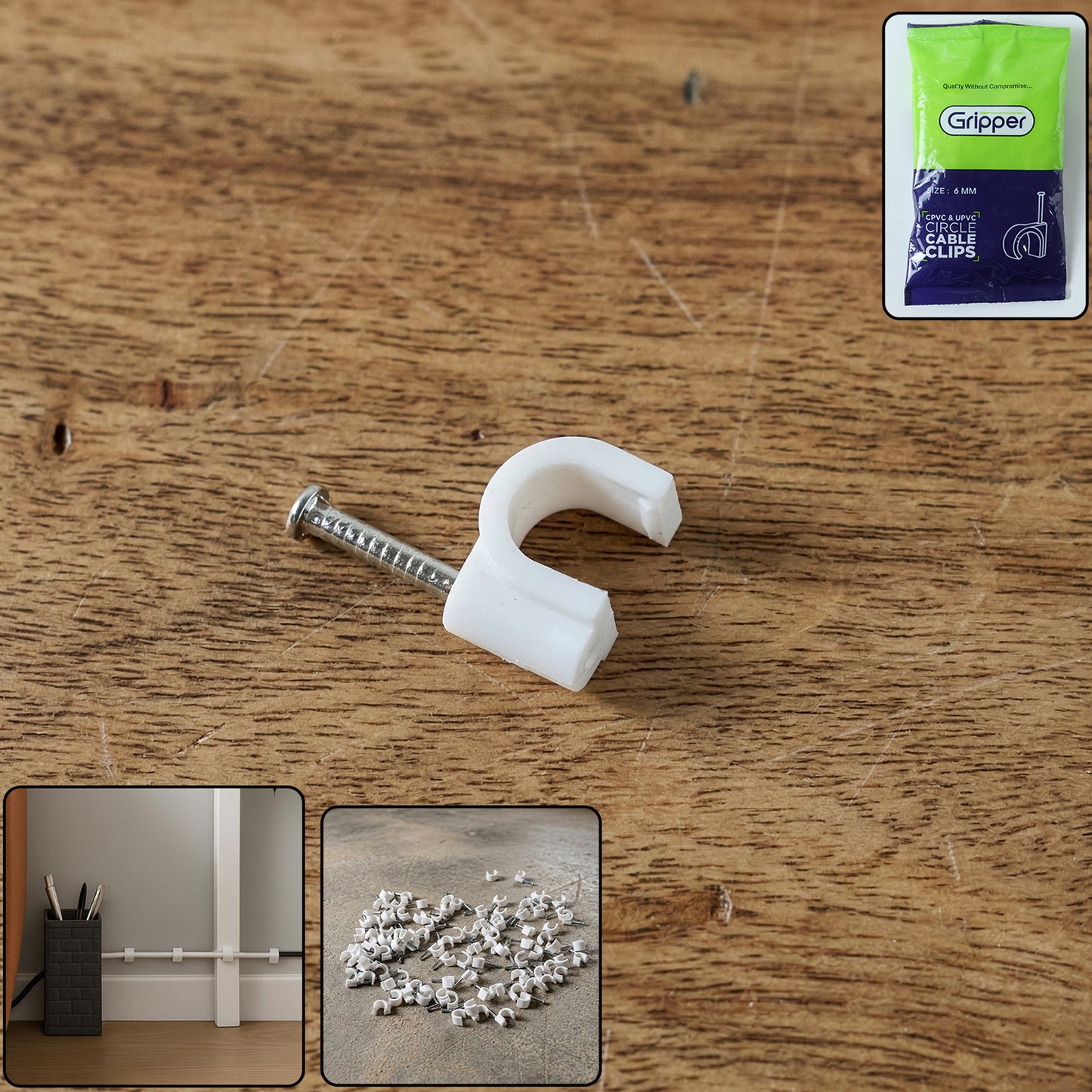 Wukusy premium cable management nail clips, 6mm size, for wire organization, shown holding cables neatly against a surface.