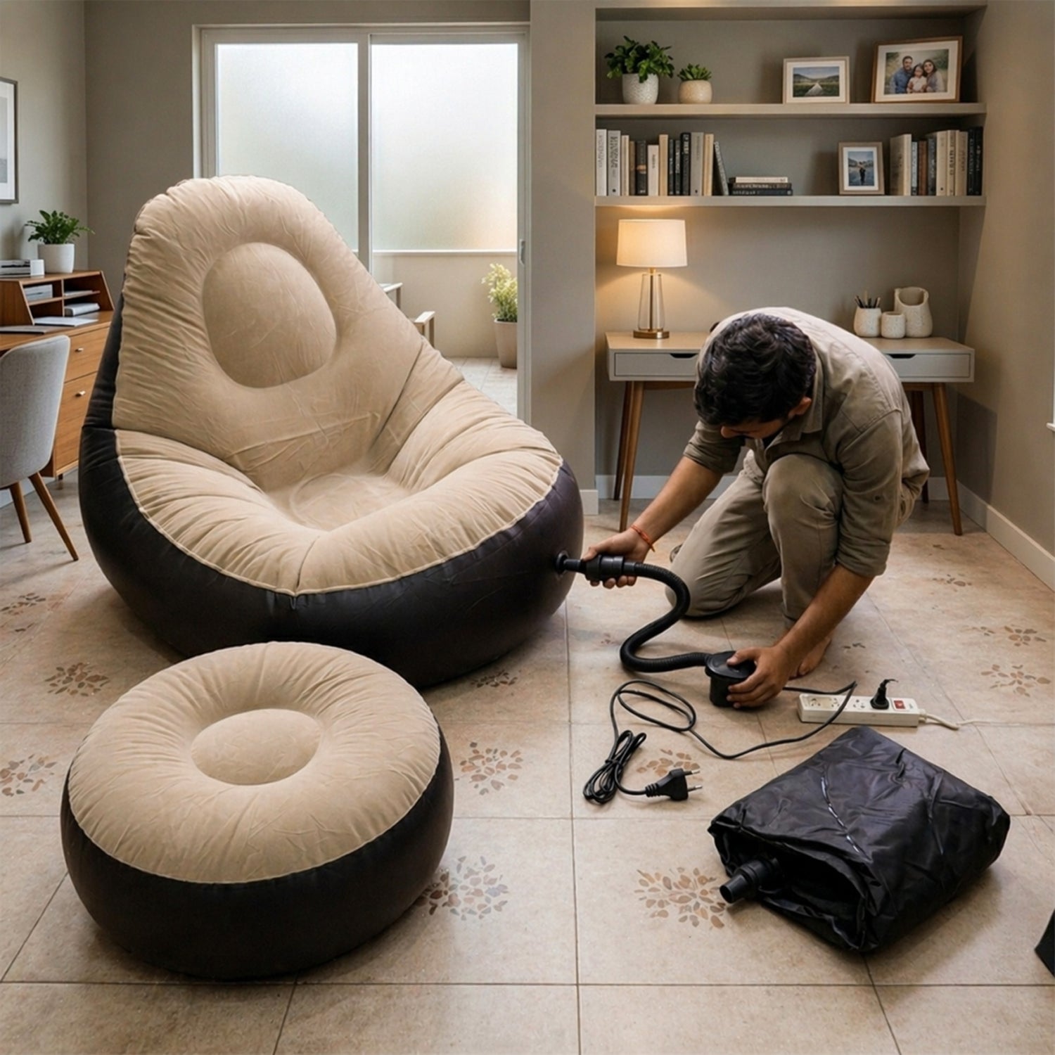 Wukusy inflatable air sofa chair set with one large and one small cushioned seat, in bright colors, inflated and ready for use.