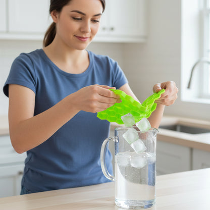 Wukusy premium honeycomb silicone ice cube tray with lid, showing multiple ice cubes in a clear tray on a kitchen countertop.
