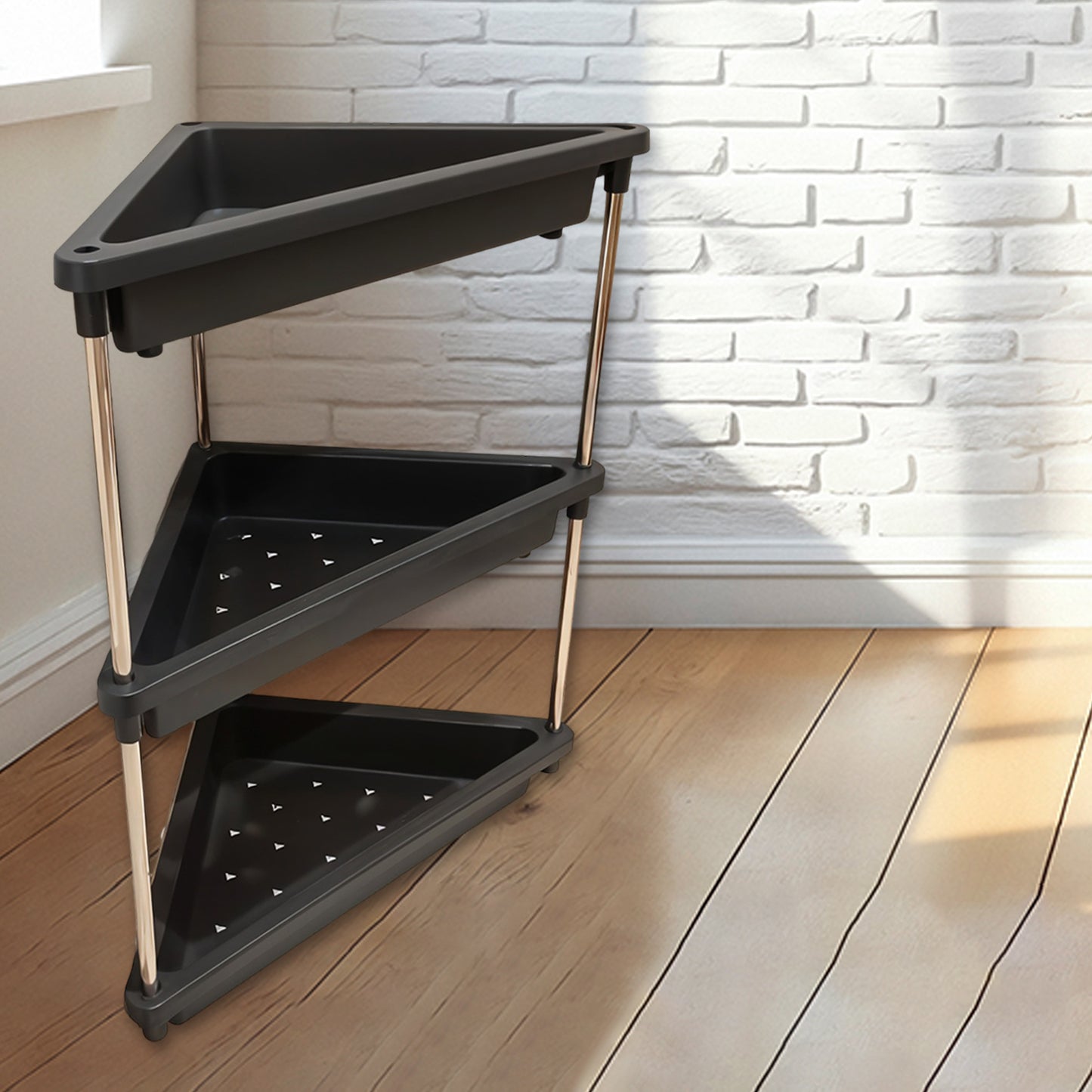 Wukusy 3-layer plastic corner storage rack for home and kitchen use, featuring multiple tiers for organizing small items in corners.