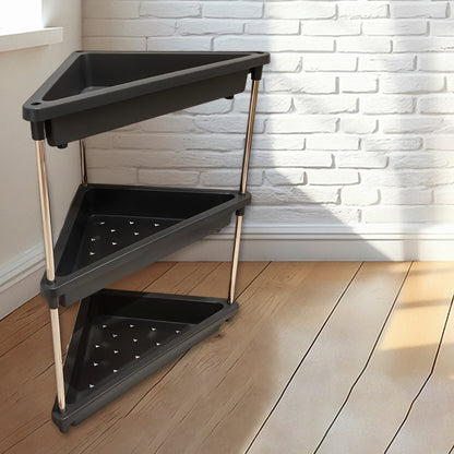 Wukusy 3-layer plastic corner storage rack for home and kitchen use, featuring multiple tiers for organizing small items in corners.