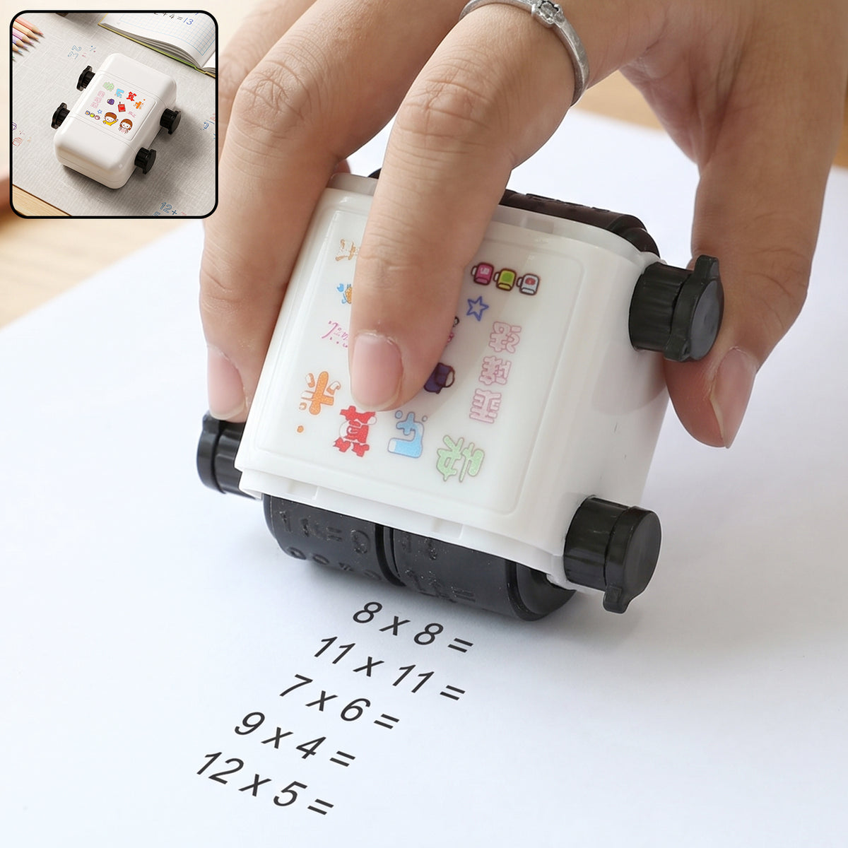 Wukusy digital teaching roller stamp for kids math practice, showing colorful numbers and symbols on a white background.