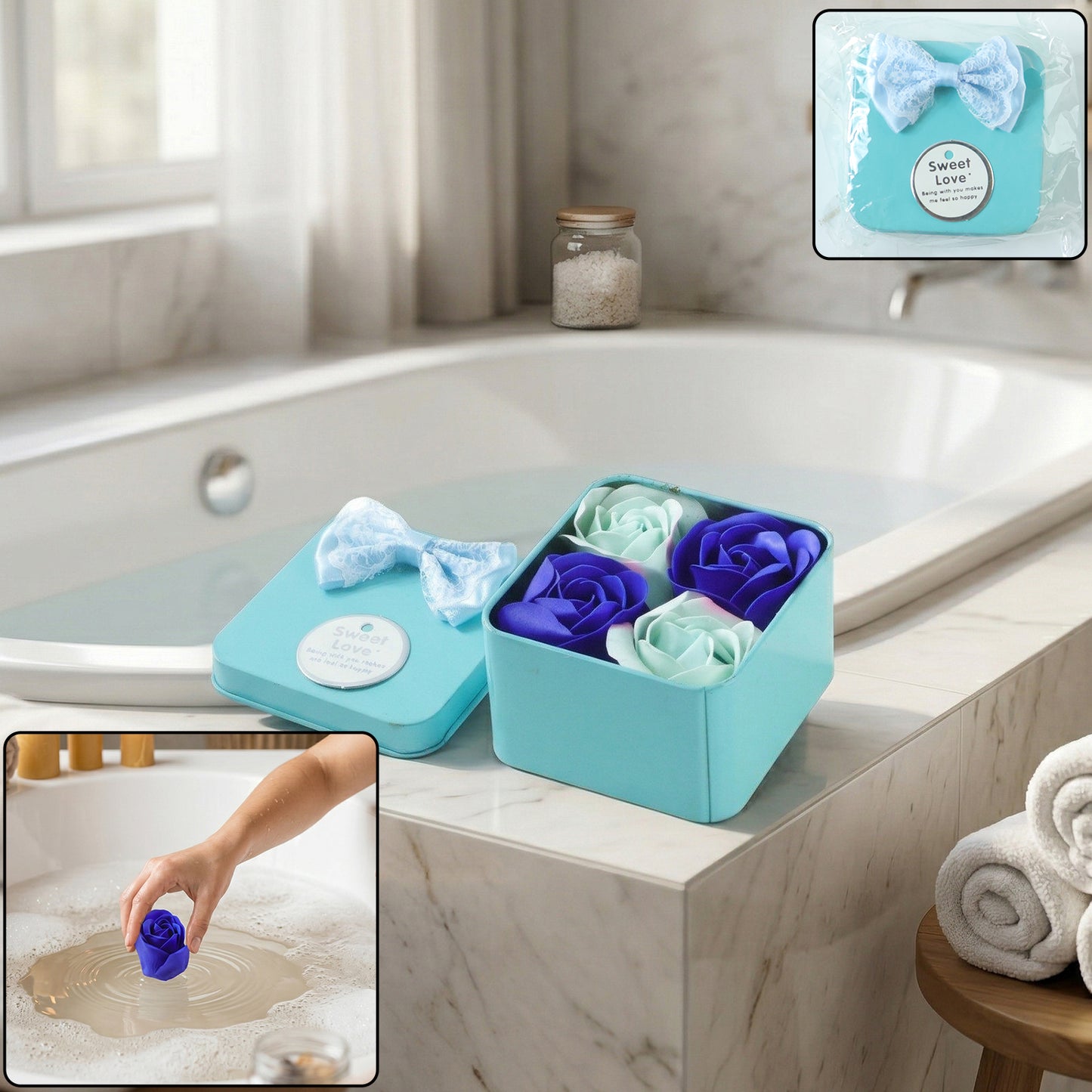 Wukusy luxury rose flower bath soap gift set with four floral soaps in a decorative storage box.