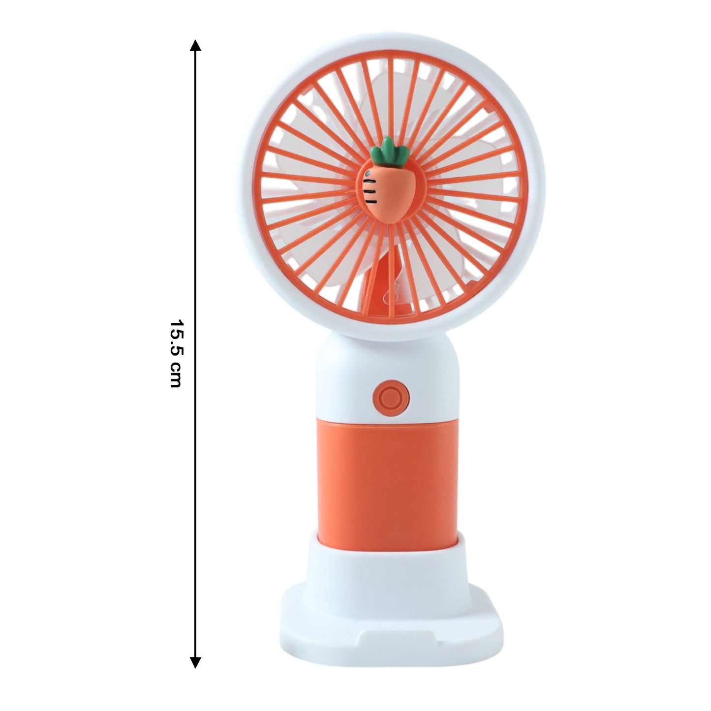 Wukusy rechargeable mini handheld fan showing compact design with adjustable grip and small fan blades for personal cooling.