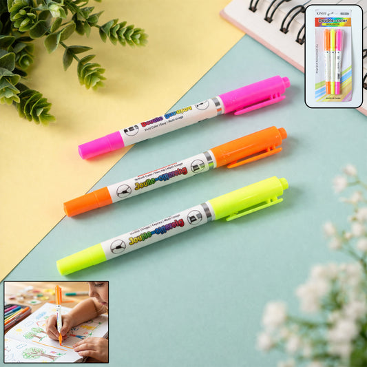 Set of three Wukusy dual tip highlighter marker pens with vibrant color options and fine and broad tips for versatile highlighting.