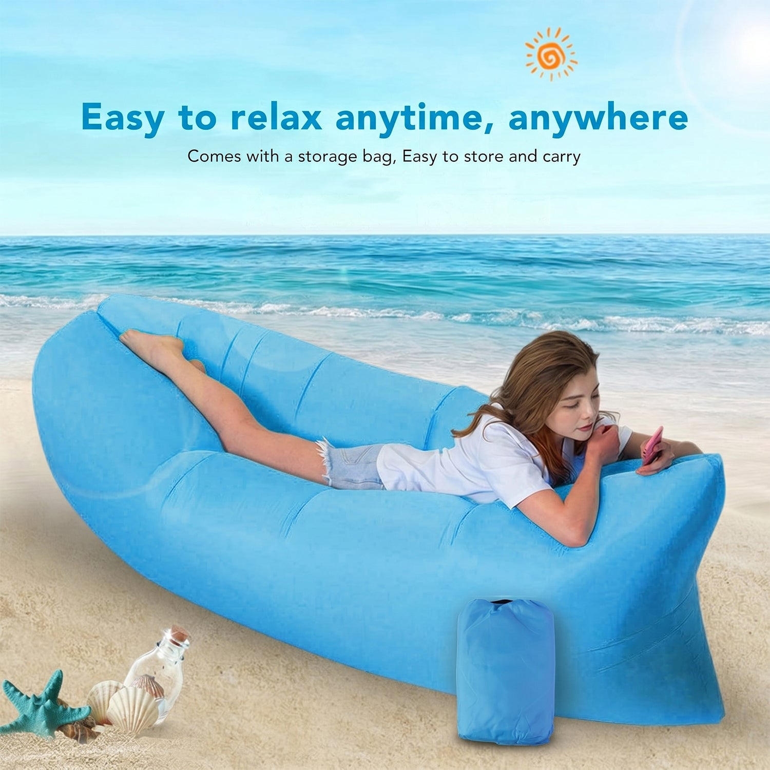 Wukusy inflatable air lounger sofa for outdoor camping, beach, and pool, shown fully inflated on grass with a person relaxing inside.