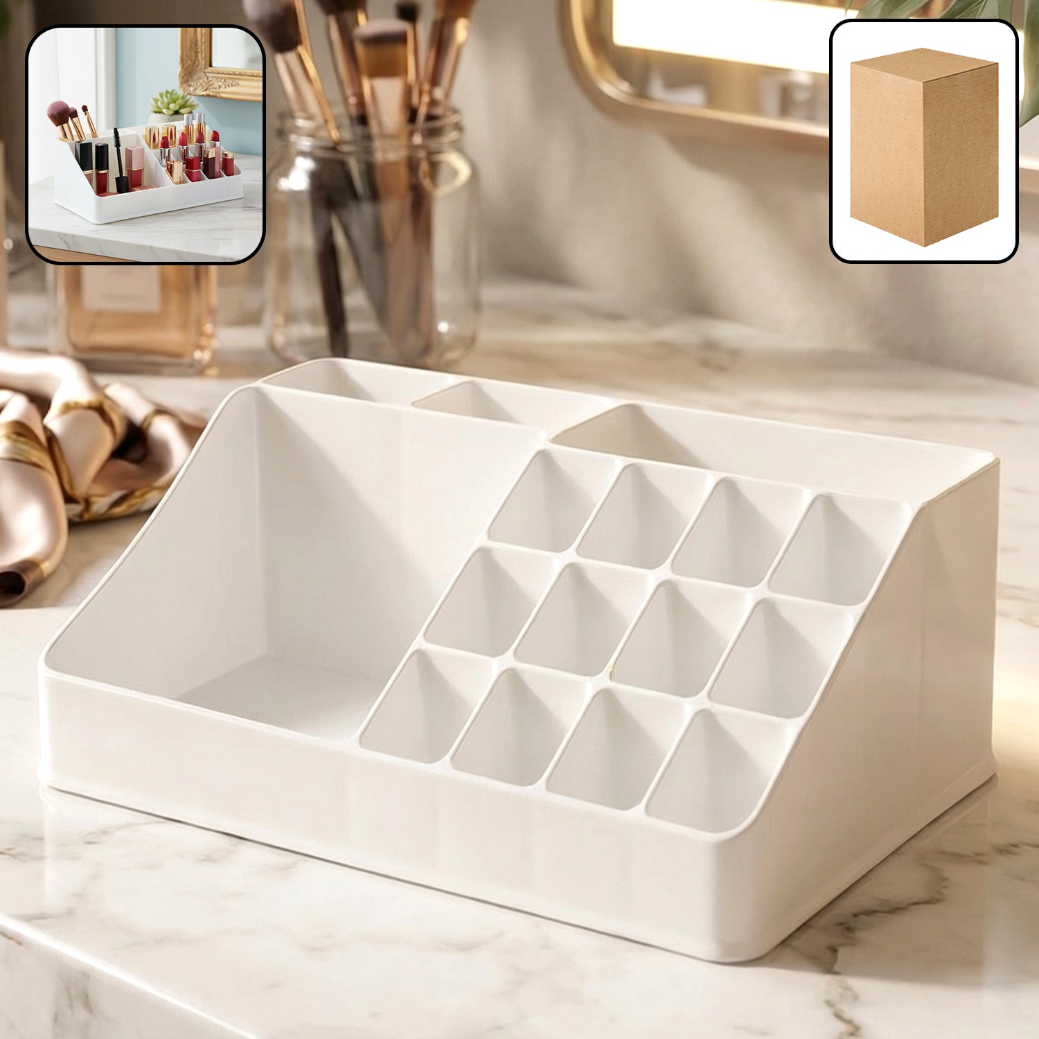 Wukusy multipurpose makeup organizer storage box with multiple compartments for cosmetics and beauty supplies.