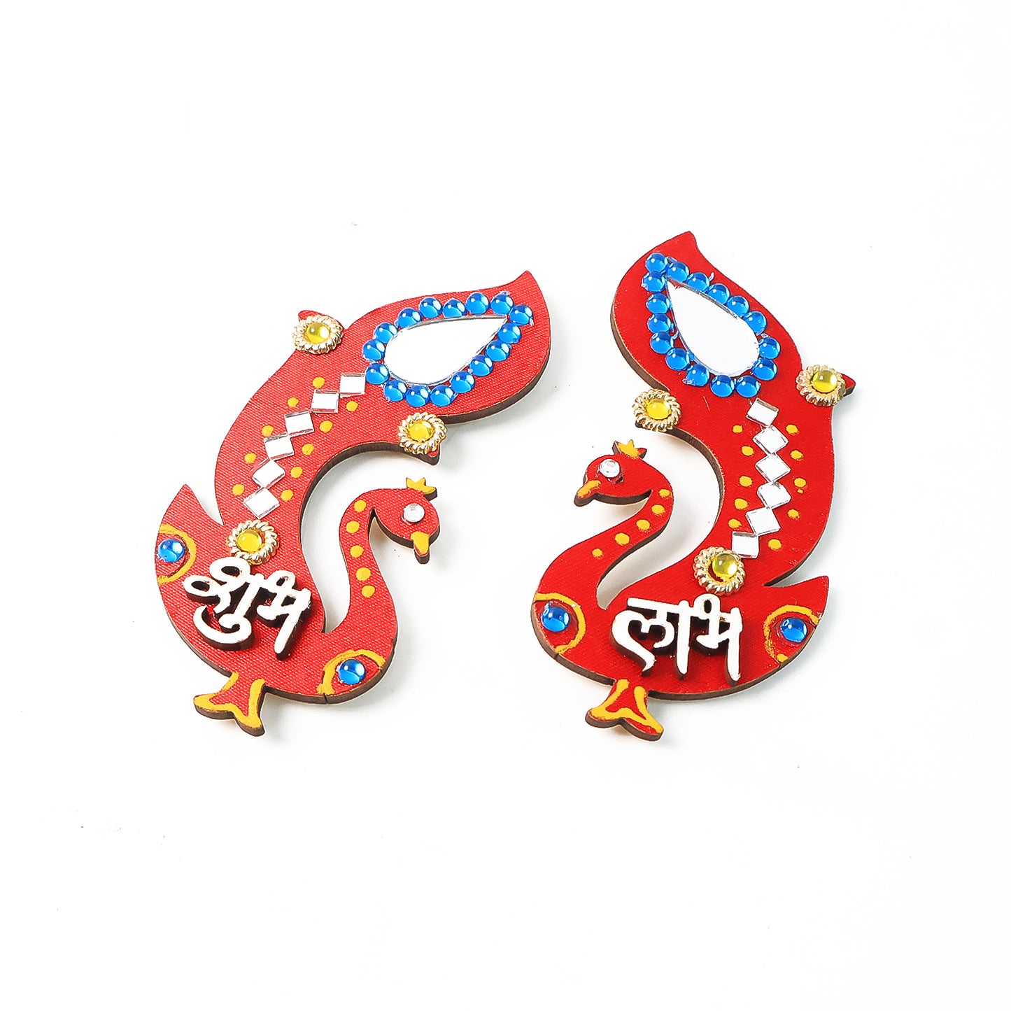 Decorative wooden Shubh Labh wall hanging set for home decor, featuring traditional Indian symbols in natural wood finish.