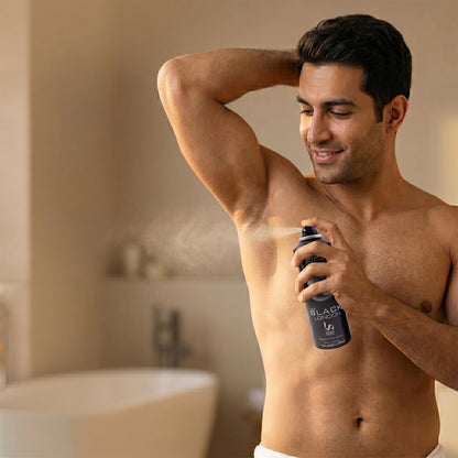 Wukusy Sagar Just Black London Men’s perfume body spray deodorant 200ml bottle with sleek black design.
