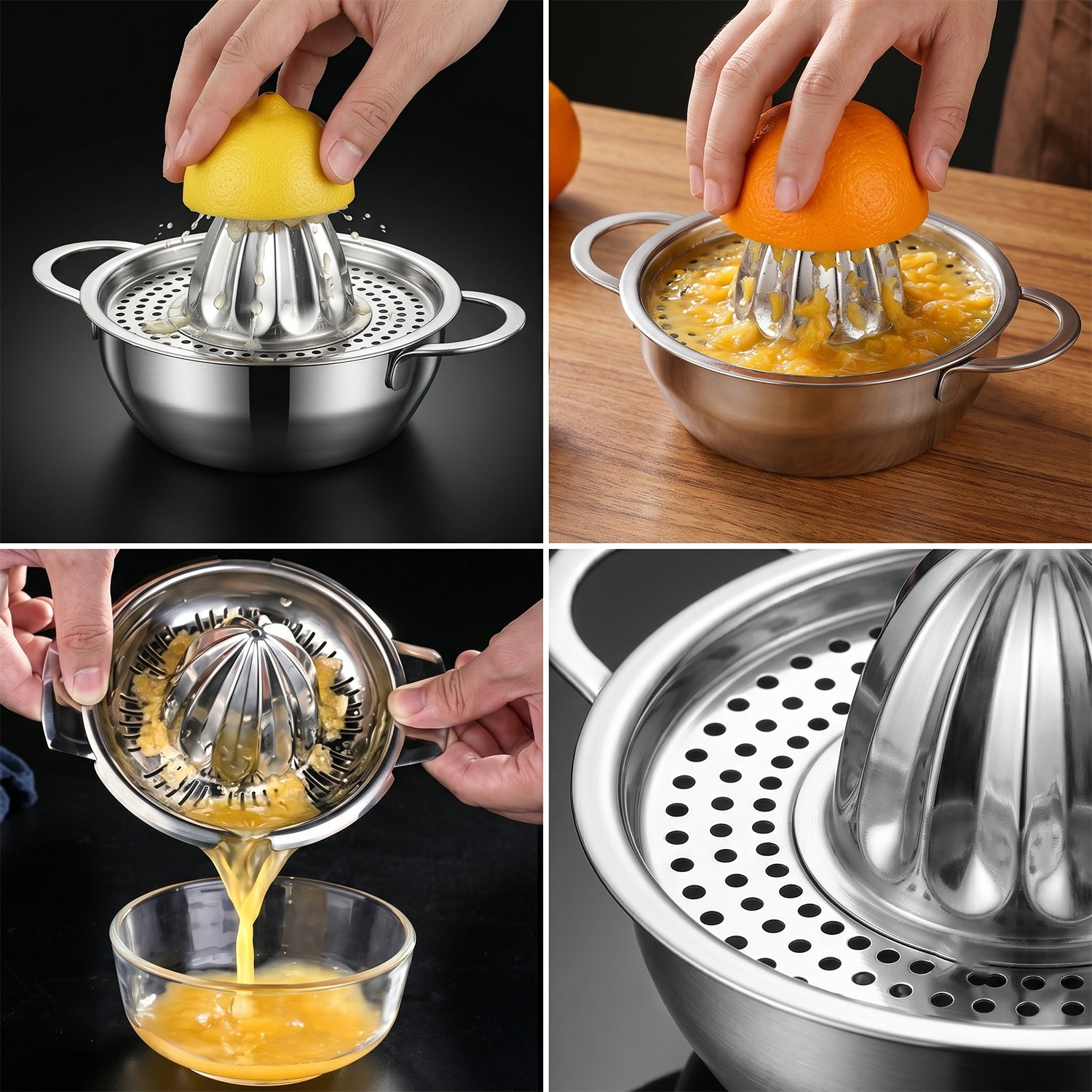 Wukusy stainless steel citrus juicer with manual hand press for fresh juice extraction, shown on a countertop.