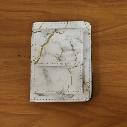 Wukusy compact marble finish snap button card holder wallet with sleek design and multiple card slots.