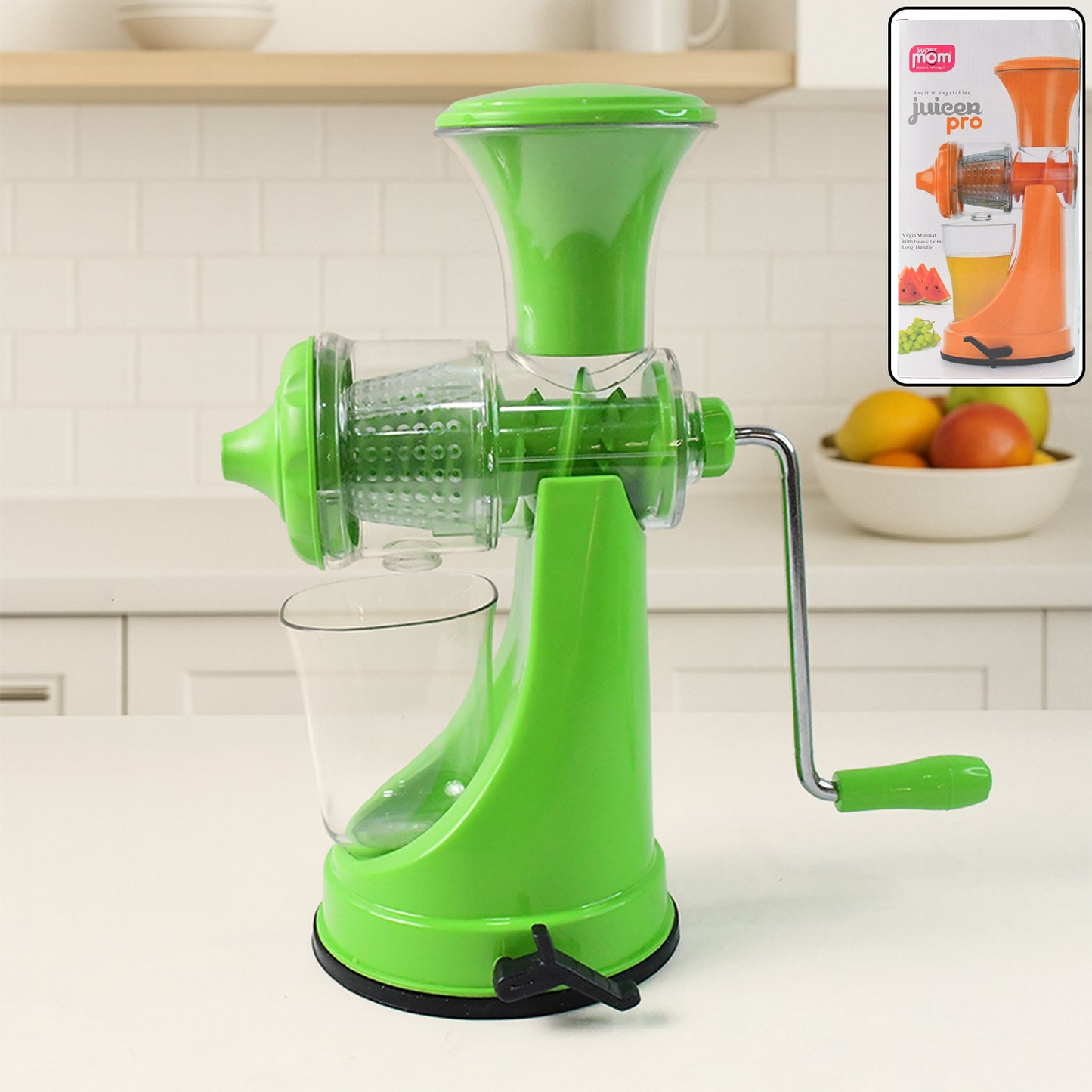 Wukusy Supermom manual hand press fruit and vegetable juicer on kitchen countertop, showing sturdy handle and stainless steel design.