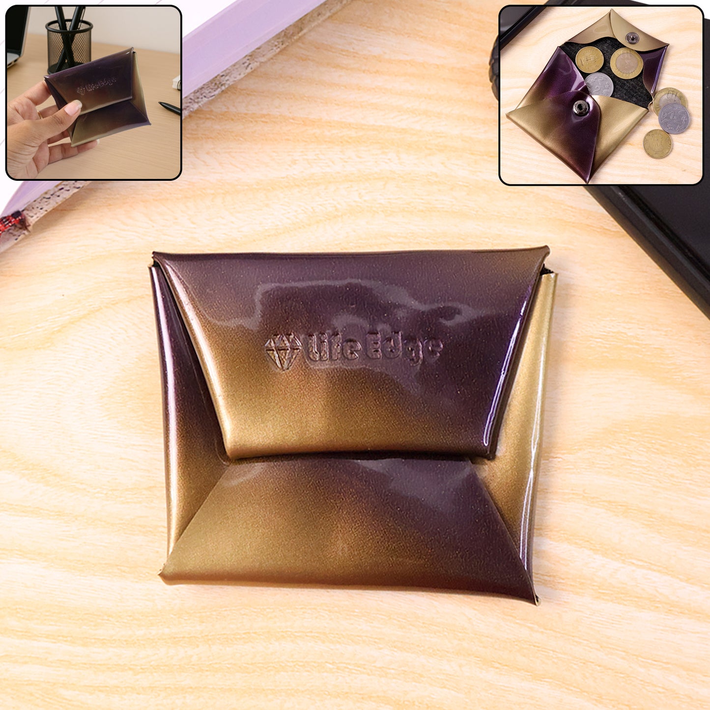 Wukusy premium foldable PU leather coin pouch with zipper, compact and stylish for storing coins and small essentials.