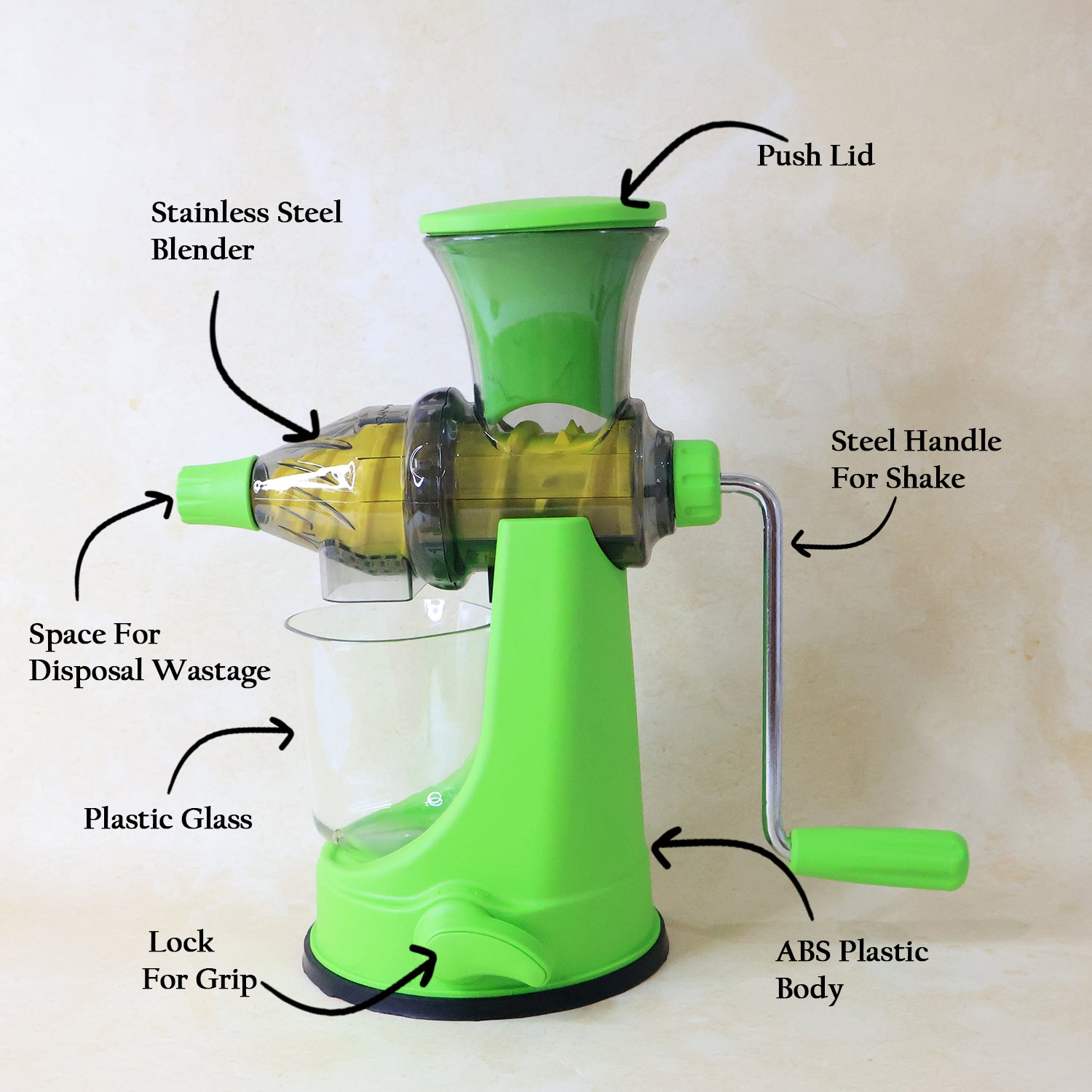 Wukusy Supermom manual multi-functional fruit and vegetable juicer on kitchen countertop for fresh juice extraction.