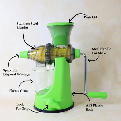 Wukusy Supermom manual multi-functional fruit and vegetable juicer on kitchen countertop for fresh juice extraction.