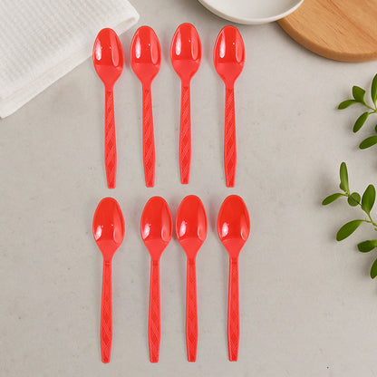 Eight reusable plastic spoons for home dining, featuring durable Wukusy kitchenware for eco-friendly meal serving.