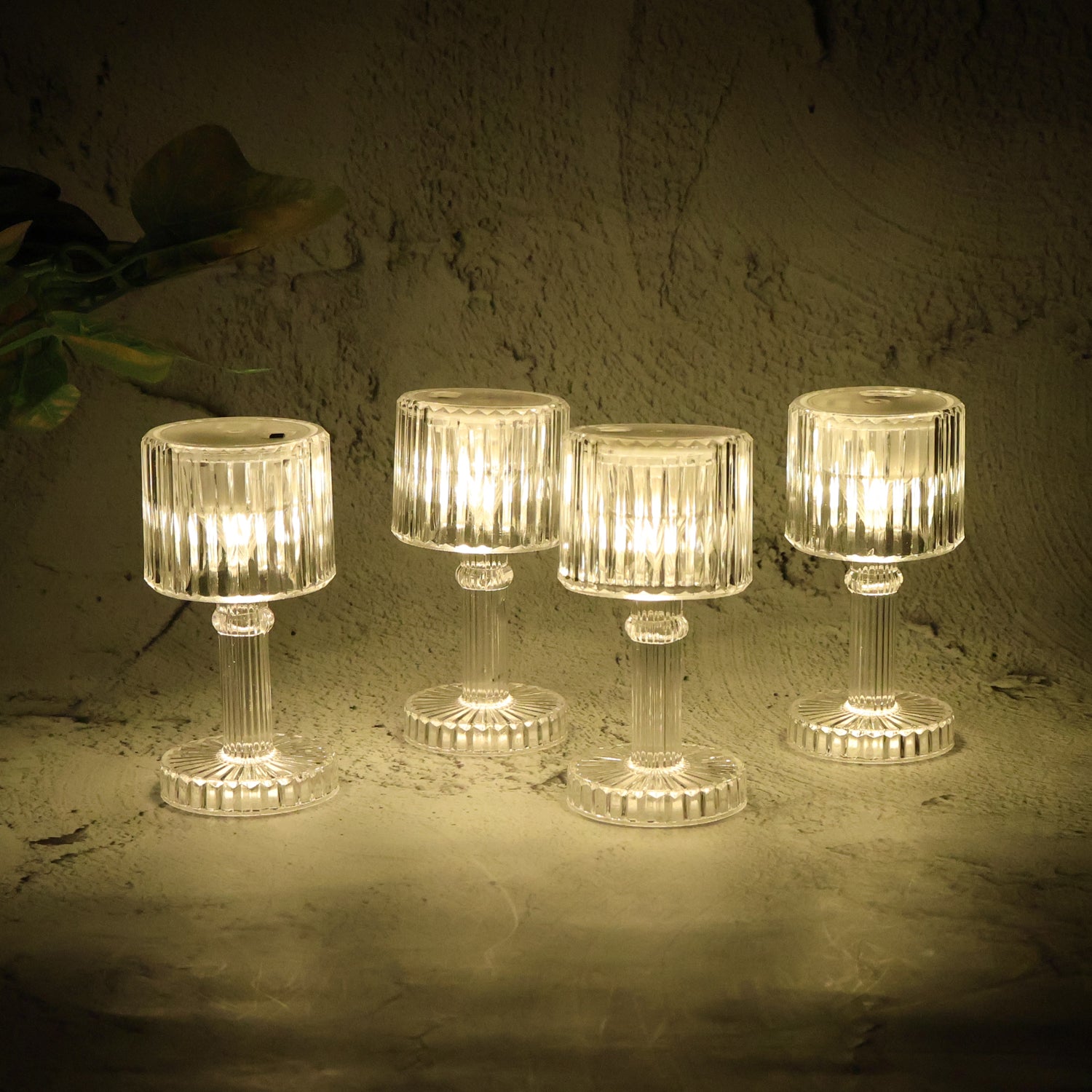 Set of 4 Wukusy LED crystal-effect table lamps for home decor, featuring elegant glass design and ambient lighting.