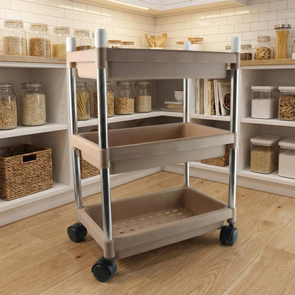 Wukusy 3-layer multipurpose storage trolley with sturdy metal frame and plastic shelves for home and kitchen organization.